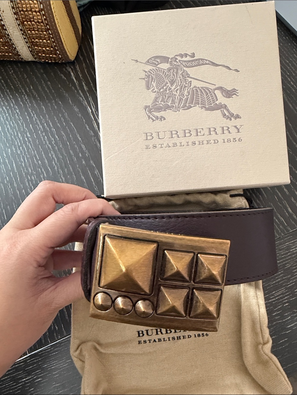 Burberry Brown Leather Belt with Brass Pyramid Buckle